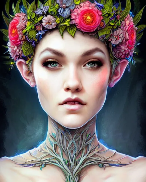 Image similar to digital art, centered head of elven bride with short hair, vivid flower crown ,body made with intricate roots, by James Jean and by artgerm, by ross tran , ultradetailed, charachter design, concept art, trending on artstation,