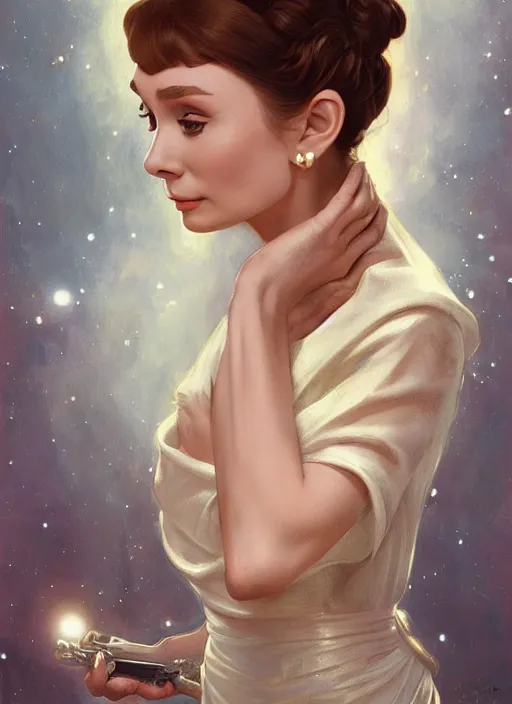 Image similar to Audrey Hepburn as Princess Leia, fantasy, intricate, elegant, highly detailed, digital painting, artstation, concept art, smooth, sharp focus, illustration, art by artgerm and greg rutkowski and alphonse mucha