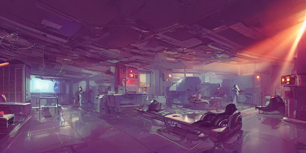 Image similar to spaceship medic room , mysterious laboratory, thick blue mist, low ceiling, cables hanging from ceiling, thick cables on ground, god rays of light, huge computer screens, neons, saturated top light , epic scene, scifi, illustration, art by Juan Giménez and moebius