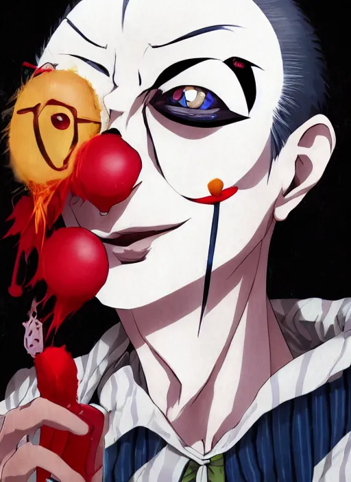 Image similar to portrait of the clown removing his makeup, anime fantasy illustration by tomoyuki yamasaki, kyoto studio, madhouse, ufotable, trending on artstation