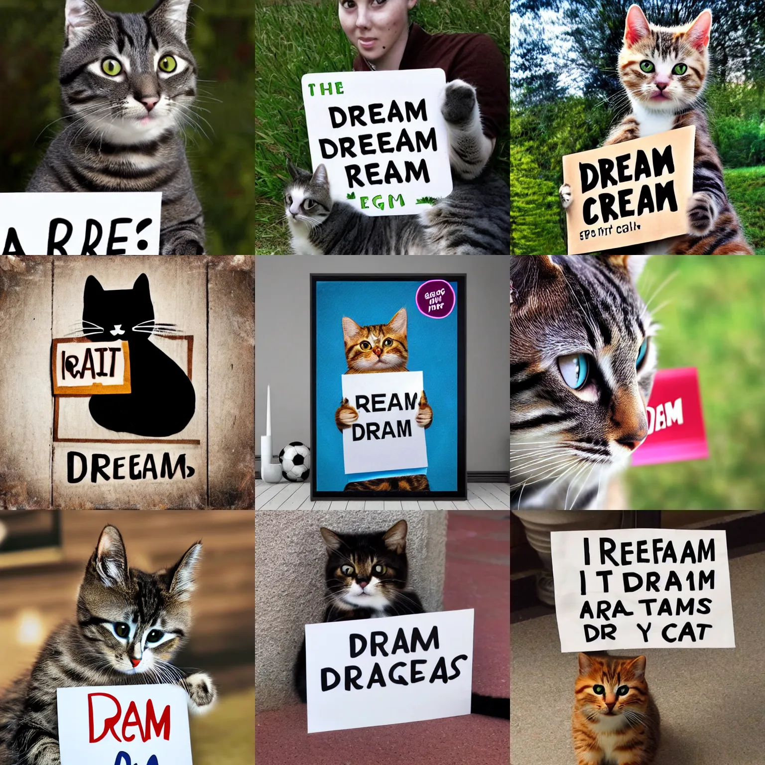 Image similar to realistic high quality photo of a cute cat holding a sign with text that reads : dream cats