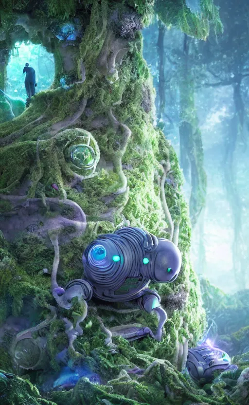 Image similar to microscopic tardigrade, microbiology, magical forest, ruins, civilization, mayan, futuristic, sharp focus, electric, backlight, furry, soft, concept art, intricate details, highly detailed, photorealistic, disney pixar, octane render, iridescent, global illumination, anime, 8 k