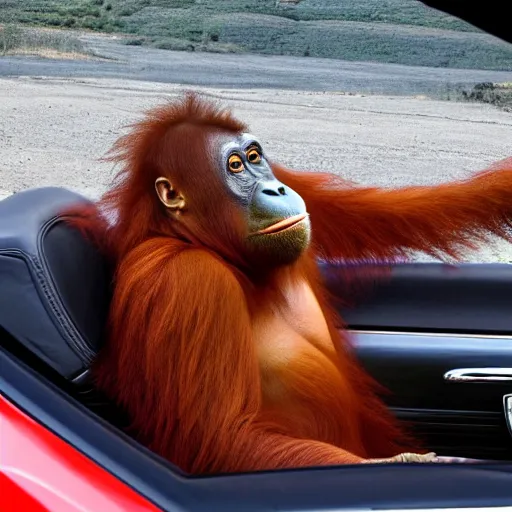 Prompt: orangutan driving convertible mustang, trump is sitting in the passenger seat, 4 k realistic, photorealistic, detailed