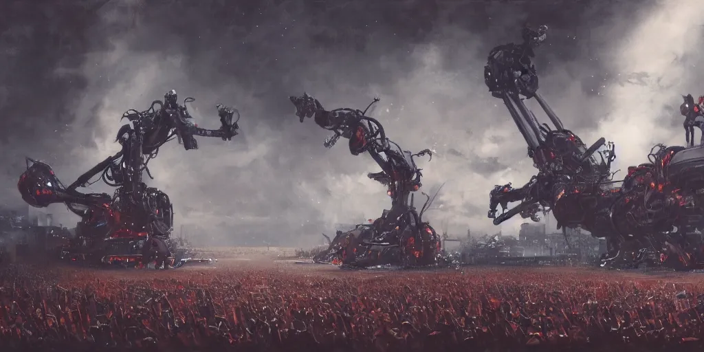 Prompt: concept art, of a close view of [ rage against the machine ] band memebers!!! humans fighting with robots!!!, concert, detailed, close shot, dark concept art, dark skies painting by wlop, nixeu and greg rutkowski, beautiful, semirealism, artstation, octane render, oil painting, sharpness, 8 k, golden ratio