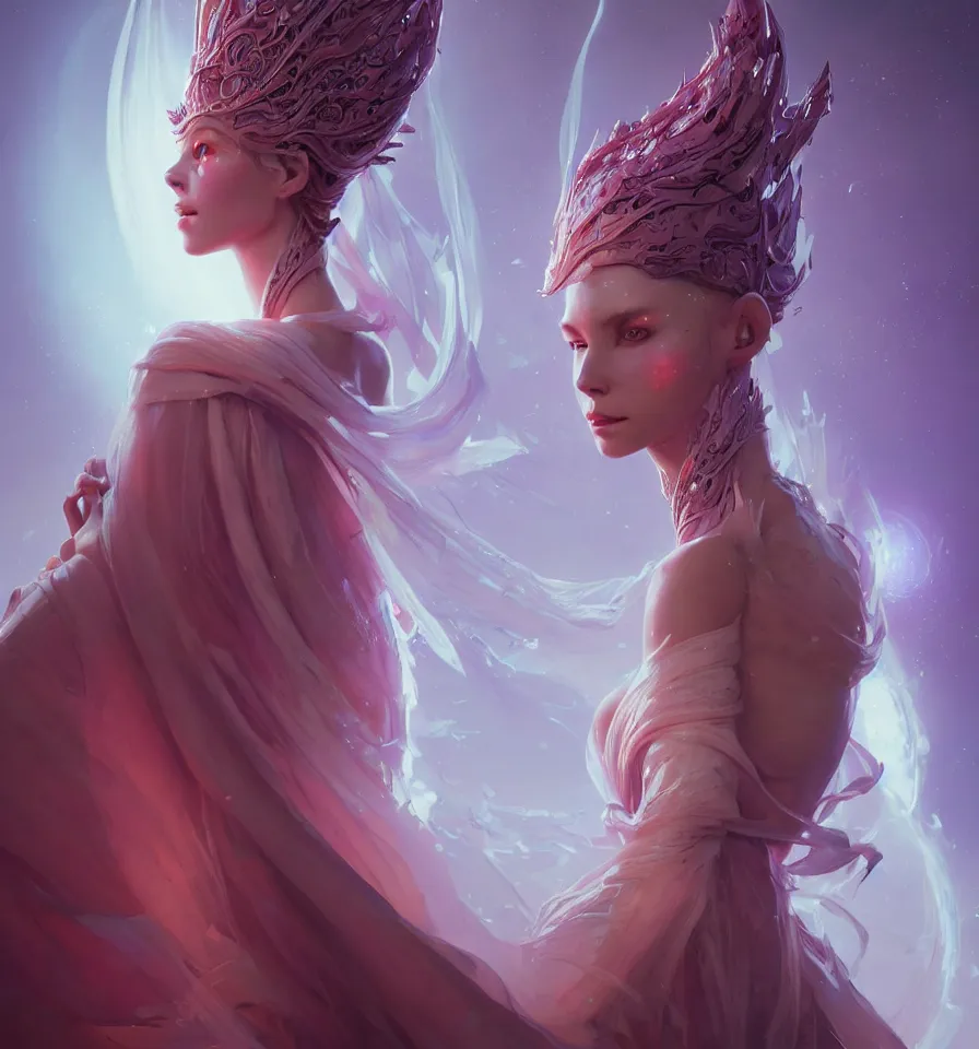Image similar to portrait of a beautiful princess in robe. bio luminescent biomechanical halo around head. artwork by jarold Sng by artgerm, by Eddie Mendoza, by Peter mohrbacher by tooth wu, unreal engine, octane render, cinematic light, high details, iridescent colors, dichroic, macro
