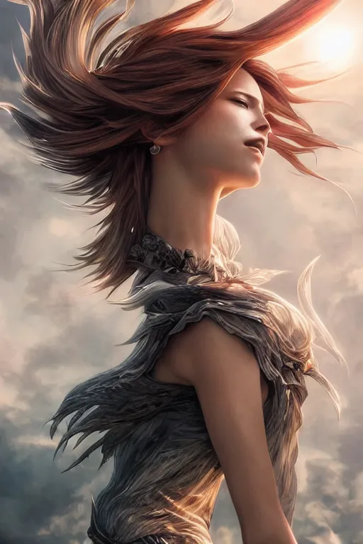 Image similar to seductive looking final fantasy x, windy hair!!, screaming, surreal dark fantasy, cinematic volumetric lights, full body portrait, dnd, intricate, elegant, highly detailed, digital painting, artstation, concept art, smooth, sharp focus, illustration, art by artgerm and tom bagshaw and greg rutkowski and alphonse mucha