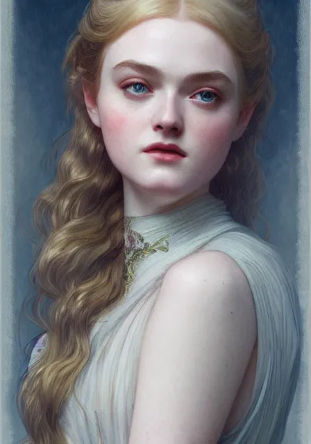 Image similar to sansa elle fanning, intricate, elegant, highly detailed, digital painting, artstation, concept art, smooth, sharp focus, illustration, art by artgerm and greg rutkowski and alphonse mucha and william - adolphe bouguereau