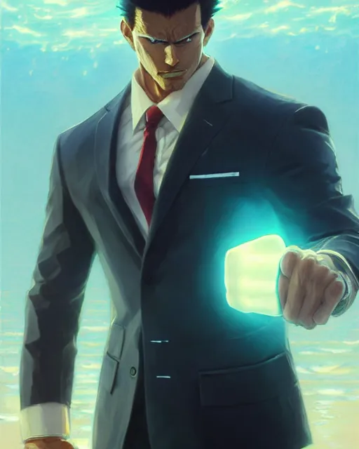 Image similar to gigachad luigi clenched fist punching like saitama wearing a suit in the ocean, fantasy character portrait, ultra realistic, anime key visual, concept art, intricate details, highly detailed by greg rutkowski, ilya kuvshinov, gaston bussiere, craig mullins, simon bisley