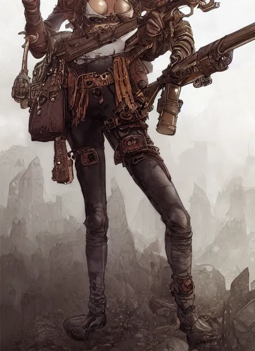 Prompt: 8K, realistic ginger Lady Mechanika in a Comic Book cover, holding a shotgun, and wearing victorian goggles in a ultradetailed Steampunk scenary, by Artgerm and Peter Andrew Jones and beksinski , trending on artstation, featured in Deviantart, Wallpaper, sharp focus, D&D, detailed, intricate, cinematic lighting,