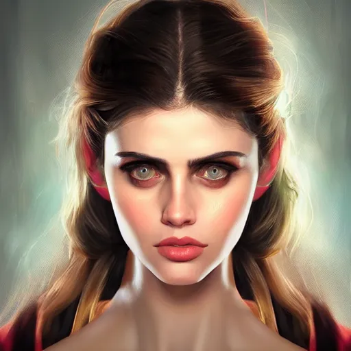 Image similar to stunning portrait of a woman who looks like a mix between Alexandra Daddario and Carmen Electra , trending on artstation, WLOP, artgerm