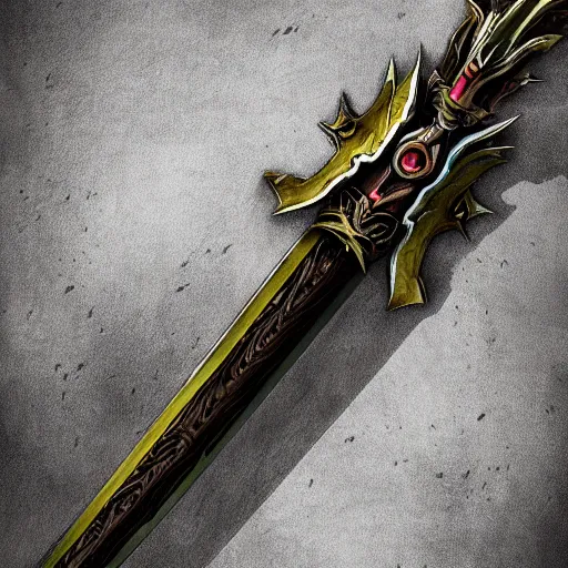 Prompt: concept art of rare legendary sword weapon, rpg, weapon, detailed, digital art, d & d, incredible, digital painting, no noise, global illumination, warm lighting, volumetric, vivid, intricate details, ultra realistic, volumetric lighting, warm colors advance, cell shading, hyper realism, matte painting, realistic octane render, highly detailed