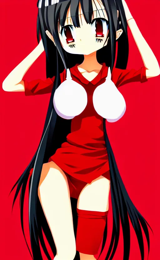 Image similar to anime girl with a detailed face and black hair in a red outfit, full body, trending, illustration