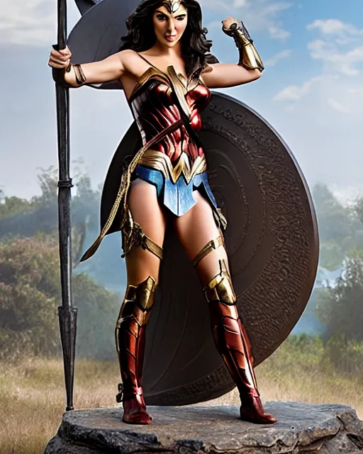 Image similar to a huge bronze statue of gal gadot ’ s wonder woman holding her spear and shield, fantasy landscape, photorealistic, atmospheric
