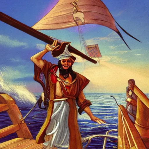 Prompt: arab pirate sailing the seven seas, God rays