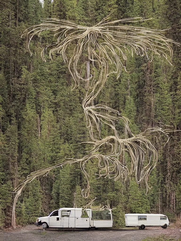 Image similar to a white school bus in the forest driving through a portal, hyper-detailed, digital art, artist Bev Dolittle