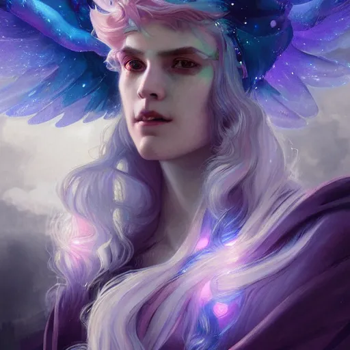 Image similar to a nonbinary changeling wearing a starry cloak, aurora colored hair, starry eyes, curious expression, character art, trending on artstation, 4k ultra hd, sharp focus, digital art by artgerm and greg rutkowski and alphonse mucha