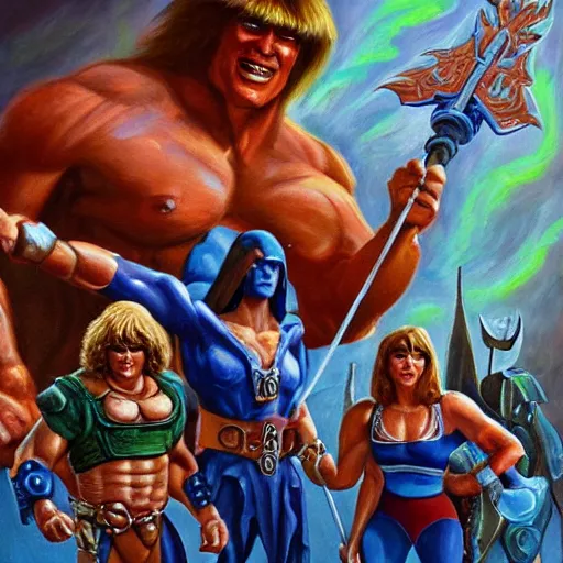 Image similar to masters of the universe, highly detailed oil painting