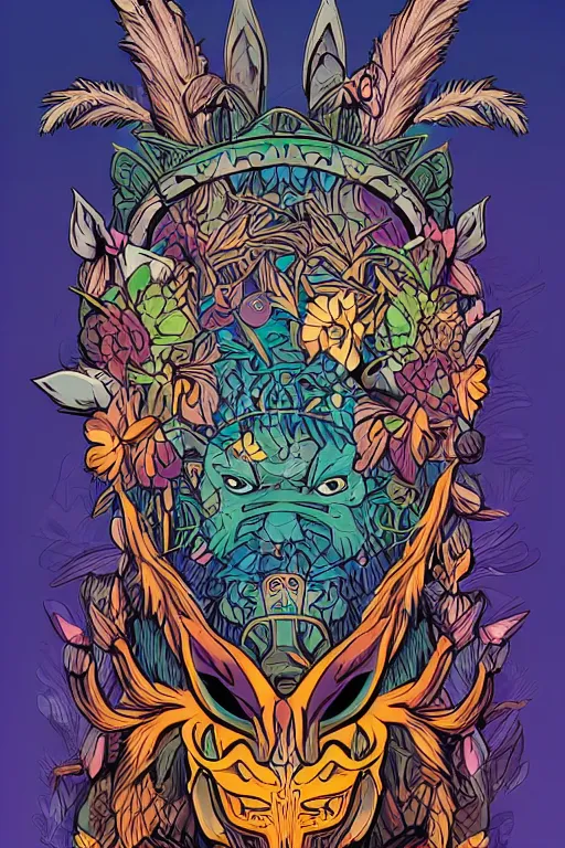 Image similar to animal mask totem roots flower tribal feather gemstone plant wood rock shaman vodoo video game vector cutout illustration vivid multicolor borderlands comics by josan gonzales and dan mumford radiating a glowing aura