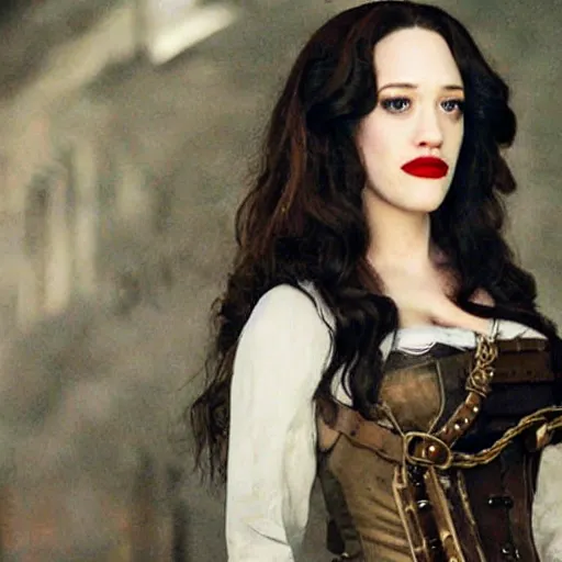 Prompt: long shot photo of kat dennings as a steampunk rogue