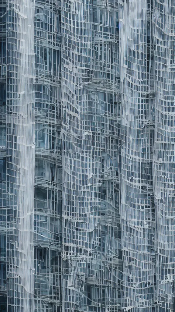 Prompt: hyperrealistic photo of a futuristic building in a urban setting. the building has many deep double - height balconies with many thin random columns and large windows behind. parts of the building are wrapped in billowing fabric. the fabric is translucent mesh. the fabric hangs from each balcony. sharp focus. 8 k