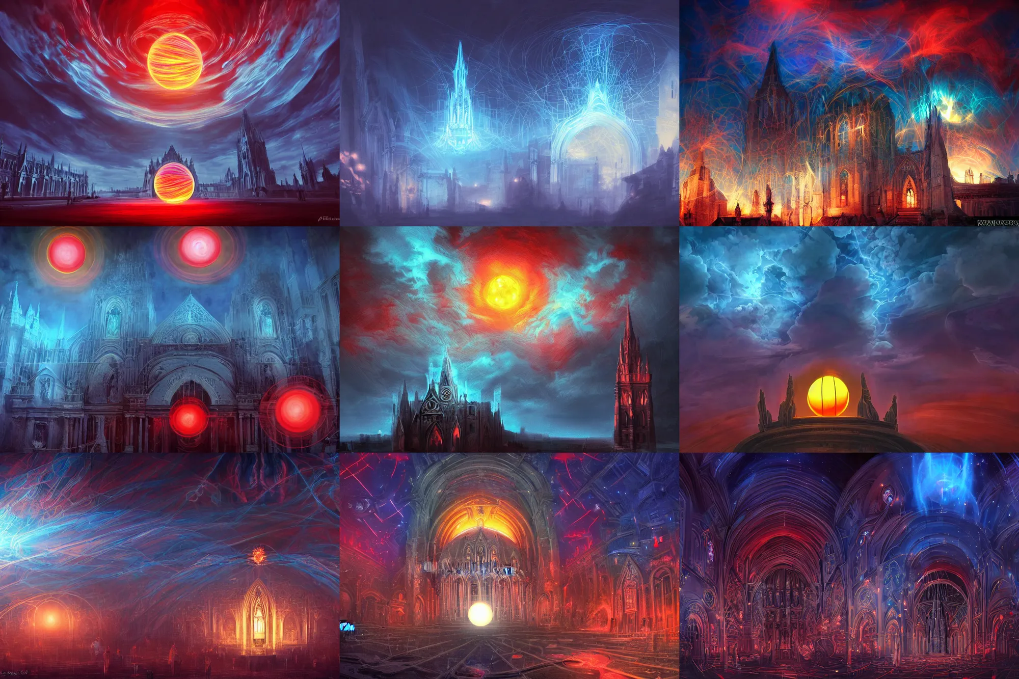 Prompt: old cathedral, glowing balls, tornado, symmetry!!!, clouds, surrealism, dark atmosphere, blue color, dark red color, glowing orbs, glowing lights, surreal, infographic, epic fantasy, digital art, concept art, detailed illustration, hd, 4 k, highly saturated colors, digital art, mike franchina, trending on artstation