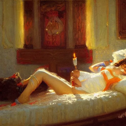 Prompt: Gaston Bussiere painting of D.va (Overwatch) lounging in her bedroom, dramatic lightning, candlelit