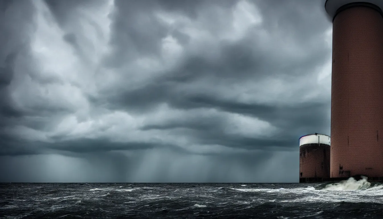 Image similar to lonely nuclear silo on the island, lake, windy waves, raining, storm, distant thunder, atmospheric, scary, claustrophobic, ambient vibe, very detailed, high resolution, 8 k