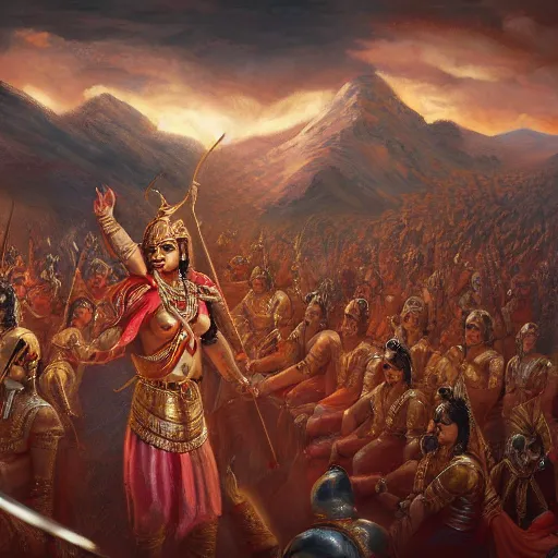 Image similar to an epic painting of the Mahabharata War, oil on canvas, golden hour, beautiful detailed, photorealistic, digital painting, artstation, concept art, smooth, sharp focus, illustration, fantasy background, artstation trending, octane render, unreal engine