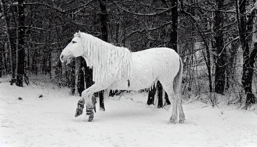 Prompt: 1 9 6 0 s movie still close up of marcus aurelius frozen to death with his horse under the snow by the side of a river with gravel, pine forests, cinestill 8 0 0 t 3 5 mm b & w, high quality, heavy grain, high detail, texture, dramatic light, anamorphic, hyperrealistic, detailed hair, foggy