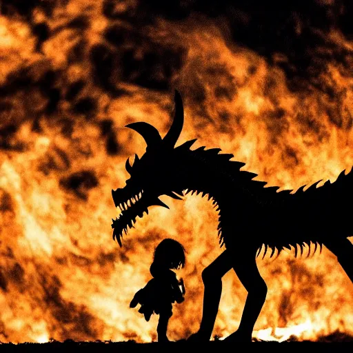 Image similar to a dragon saving a child from a fire, dramatic photography, silhouette, bokeh