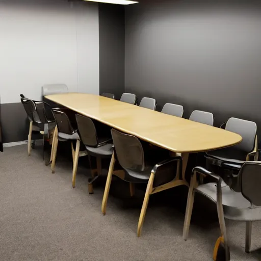 Prompt: view into an interrogation room, the room has a table with chairs