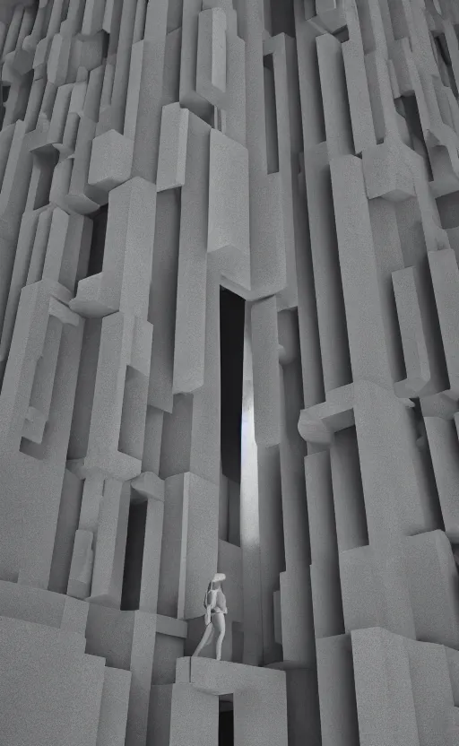 Prompt: brutalist architechture, Japanese minimalism, shadowplay, a person, grey tones, vegetation creeping in, surreal, depth, 3D model, ultra sharp, height perspective, depth, 8k, futuristic, textured