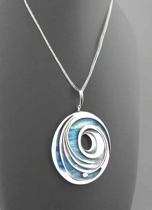 Image similar to Amulet Of Wave inlaid in silver on a young beautiful woman neck, realistic, clean,