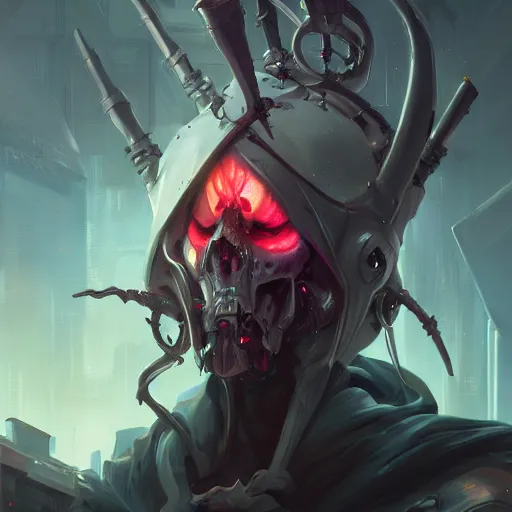 Image similar to portrait of a cybernetic grim reaper of death, cyberpunk concept art by pete mohrbacher and artgerm and wlop and greg rutkowski and deathburger, digital art, highly detailed, intricate, sci-fi, sharp focus, Trending on Artstation HQ, deviantart, unreal engine 5, 4K UHD image