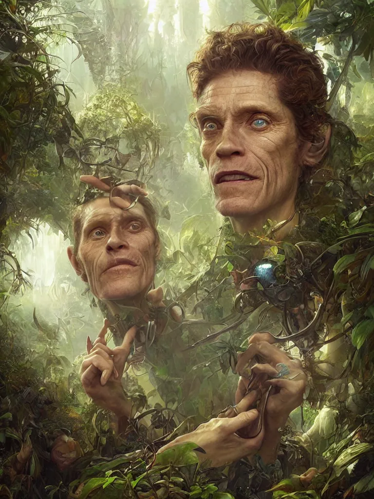 Image similar to a hyperrealistic solarpunk portrait of a Willem Dafoe lookalike, in a steaming jungle with fractal sunlight, award-winning, masterpiece, in the style of Tom Bagshaw, Cedric Peyravernay, Peter Mohrbacher