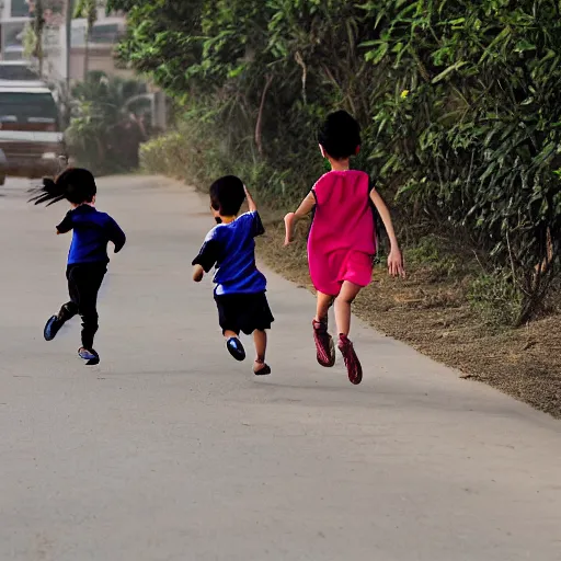 Prompt: a brother and sister running to catch up to the school bus that they missed. By Jason Felix. Phuoc Quan