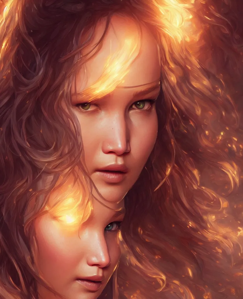 Image similar to Jennifer Lawrence, closeup, D&D, fantasy, intricate, elegant, highly detailed, digital painting, artstation, concept art, matte, sharp focus, illustration, hearthstone, art by Artgerm and Greg Rutkowski and Alphonse Mucha