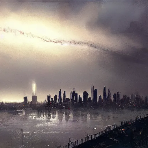 Image similar to a large ominous tsunami in the distance of a city skyline, ominous, eerie, death, craig mullins