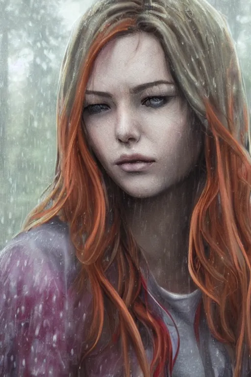 Image similar to tv scene of rachel amber from life is strange standing in a graveyard in the rain, blonde hair, red checker shirt, tired emotion, tearful eyes, highly detailed, sharp focused, ultra realistic digital concept art by Alyssa Monks, Charlie Bowater