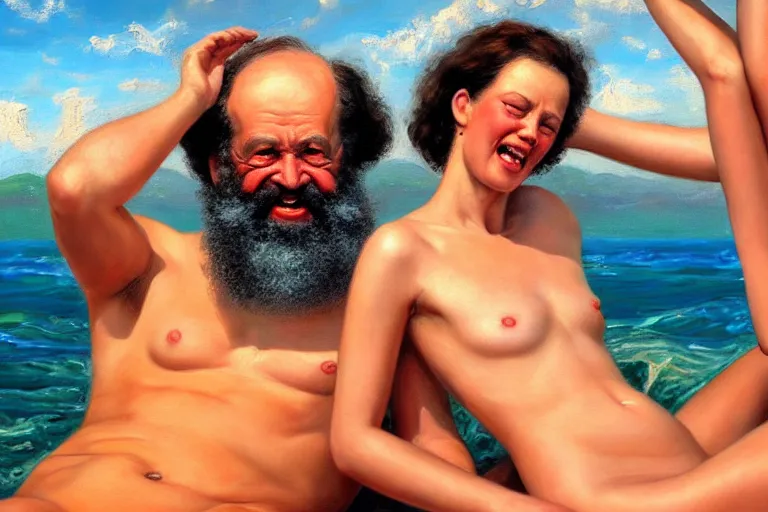 Image similar to ( ( a beautiful 8 k photorealistic masterpiece oil - painting ) ( close up ) and ( zoom out ) ( of ( karl marx and sigmund freud in a swimsuit ad ) ( in swimsuit ( both giggling and having fun ) ) ) ( hyperrealism ) ( 1 6 k ) ( trending on artstation )