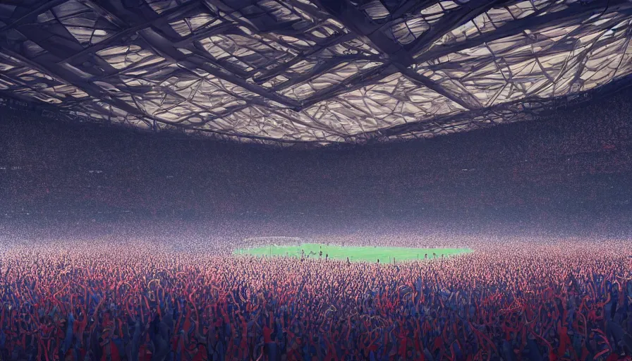 Image similar to interior of a gigantic soccer stadium with giant screens while champion league's final between psg and bayern munich, hyperdetailed, artstation, cgsociety, 8 k