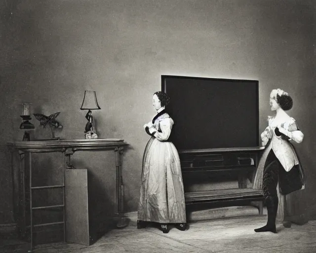 Image similar to 1 7 0 0 s photo of a person watching a flat screen hd tv