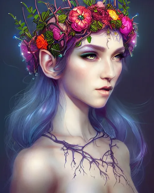 Prompt: digital art, centered head of elven bride with short hair, vivid flower crown ,body made with intricate roots, by James Jean and by artgerm, by ross tran , ultradetailed, charachter design, concept art, trending on artstation,