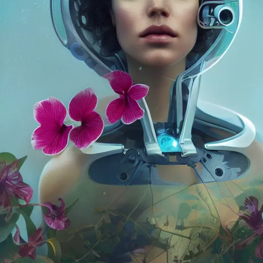 Prompt: a beautiful fine art portrait photo of a resting futuristic cyborg, wavy hair spread out, surrounded by hibiscus, daffodils, moth orchids, montsera leaves by tom bagshaw and zach sutton, soft lighting, very detailed, bionic, robotic, deep depth of field, artstation, 4K
