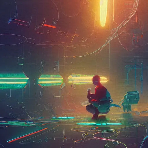 Prompt: colorful digital art of a robot trying to repair the universe, intricate complexity, by greg rutkowski, artgerm, ross tran, conrad roset, takato yomamoto, ilya kuvshinov. 4 k, beautiful, cinematic dramatic atmosphere