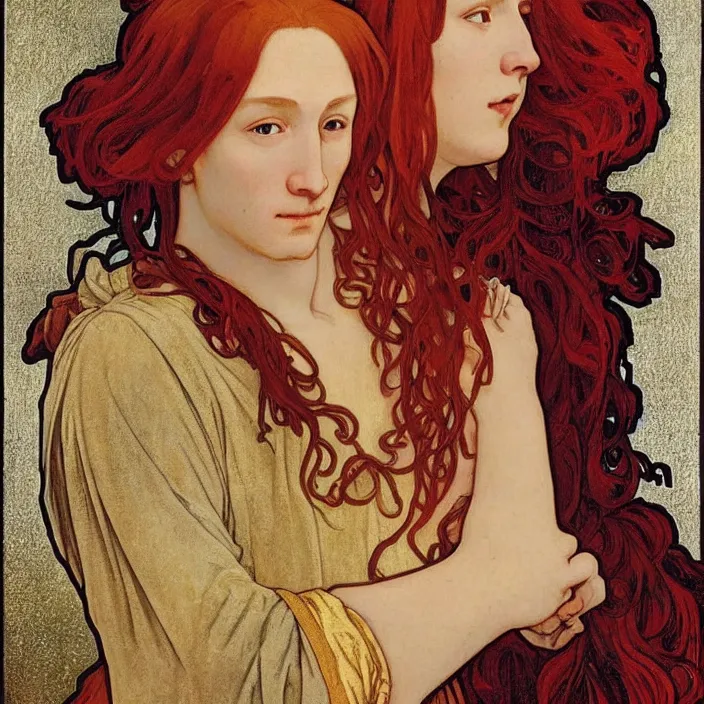 Prompt: A portrait of one-piece character red-haired Shanks, full-length, oil painting in a renaissance style , very detailed, gold background, painted by Alphonse Mucha.