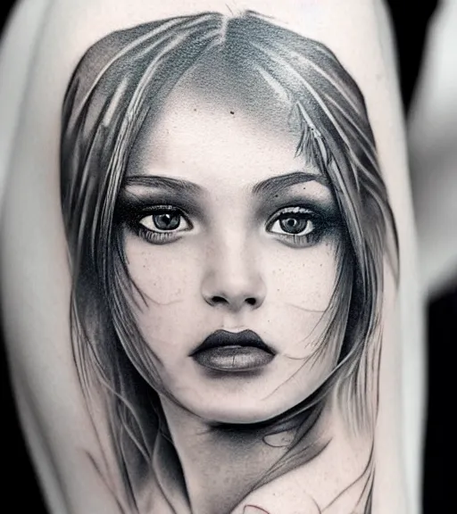 Image similar to a beautiful girl portrait, faded mountain background, realism tattoo, in the style of den yakovlev, black and white, hyper realistic, highly detailed