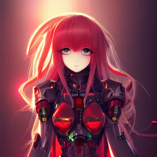 Image similar to cute red armored cyborg - anime girl by ross draws, long gold hair, yellow eyes, extreme high intricate details by wlop, digital anime art, black shadows, stylized shading