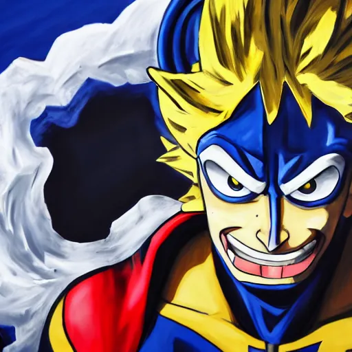 Prompt: an oil painting of a all might from my hero academia by artgerm, hero costume, middle ages, hd, hdr, ue 5, ue 6, unreal engine 5, third dimensional, 3 d, disney quality cinematic 4 k wallpaper, 8 k, ultra detailed, gta 5 cover art, comic book black shading, high resolution, artstation, award winning