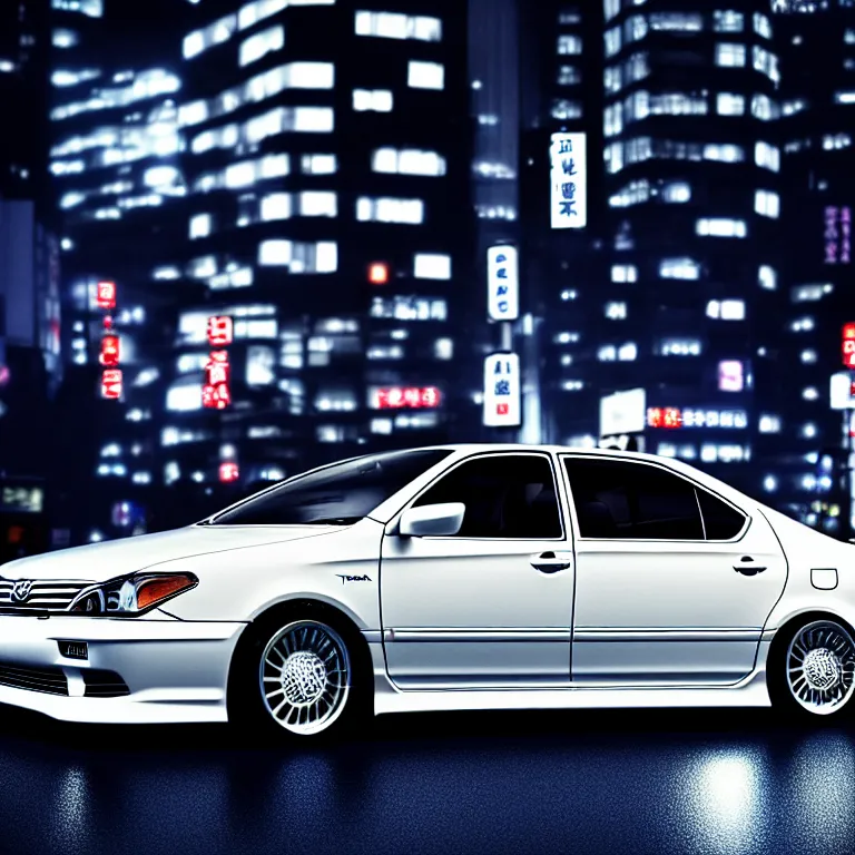 Image similar to Toyota Aristo, detailed-wheels, Shibuya prefecture, cinematic lighting, photorealistic, highly detailed, night photography